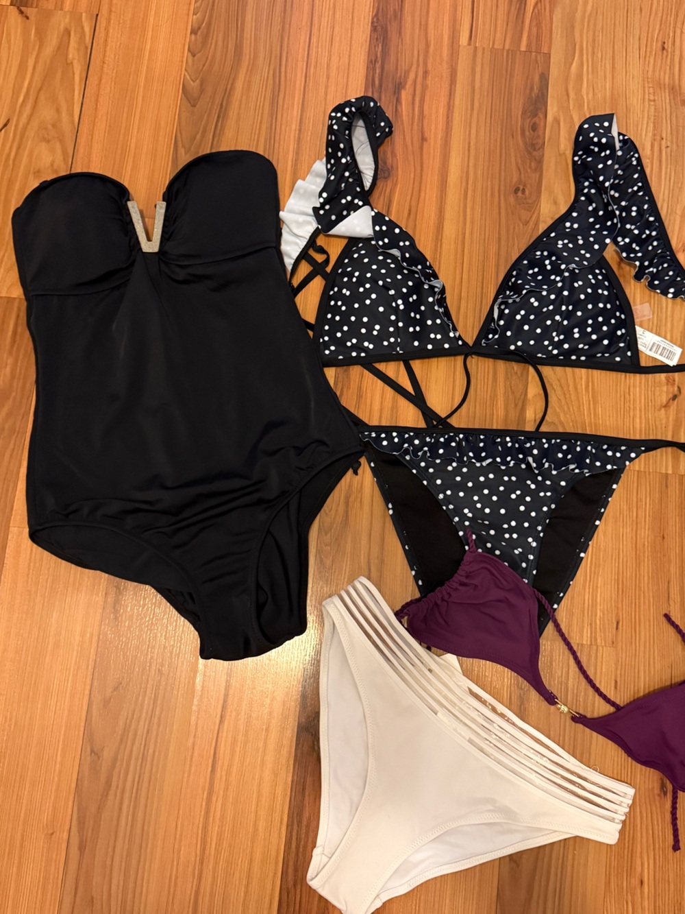 KOTON Black Solid One-Piece & Black Polka Dot Triangle Bikini Set